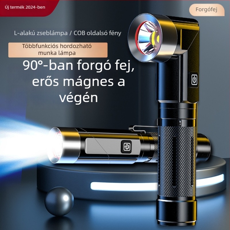 Többfunkciós L-alakú sarok LED zseblámpa, 10W, 1800mAh, USB töltés, alumíniumötvözet