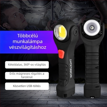 USB-ról tölthető COB munkalámpa 10W, erős mágneses rögzítés, 360°-os forgás, kerek fejű dupla LED-ek.