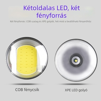 USB-ról tölthető COB munkalámpa 10W, erős mágneses rögzítés, 360°-os forgás, kerek fejű dupla LED-ek.