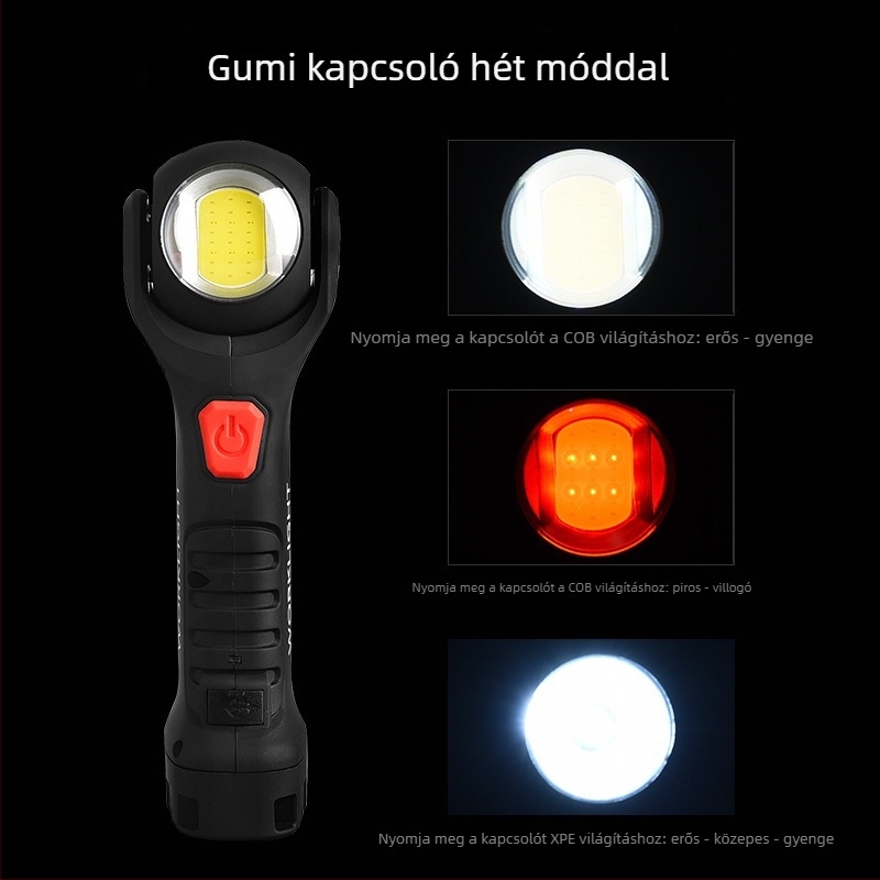 USB-ról tölthető COB munkalámpa 10W, erős mágneses rögzítés, 360°-os forgás, kerek fejű dupla LED-ek.