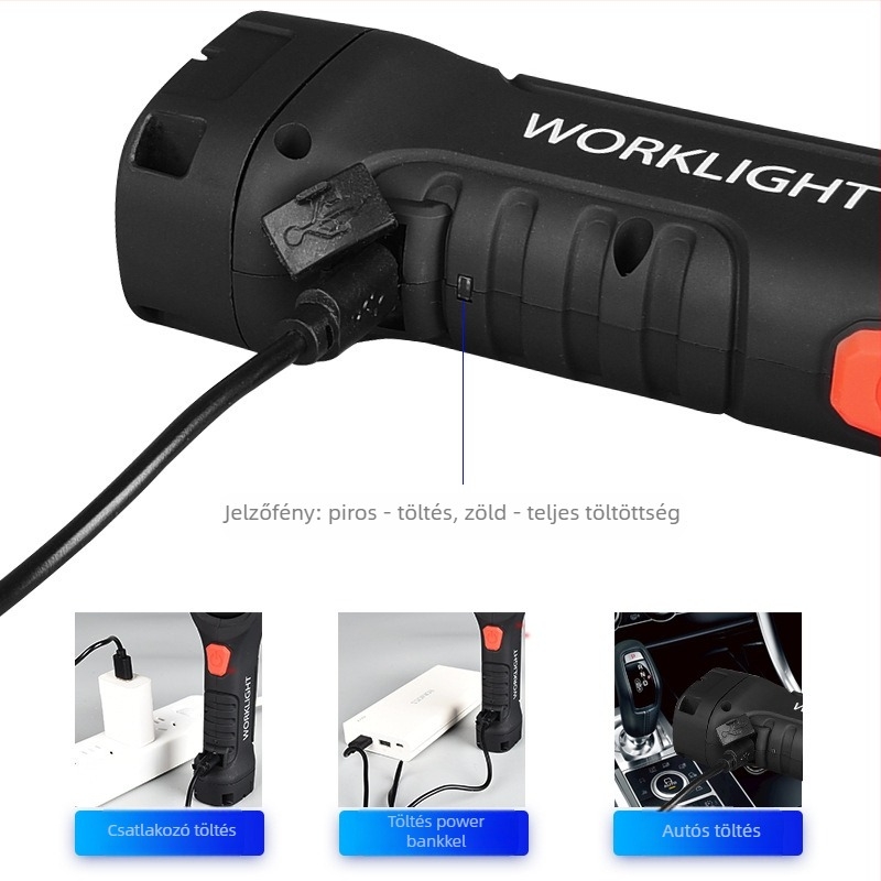 USB-ról tölthető COB munkalámpa 10W, erős mágneses rögzítés, 360°-os forgás, kerek fejű dupla LED-ek.