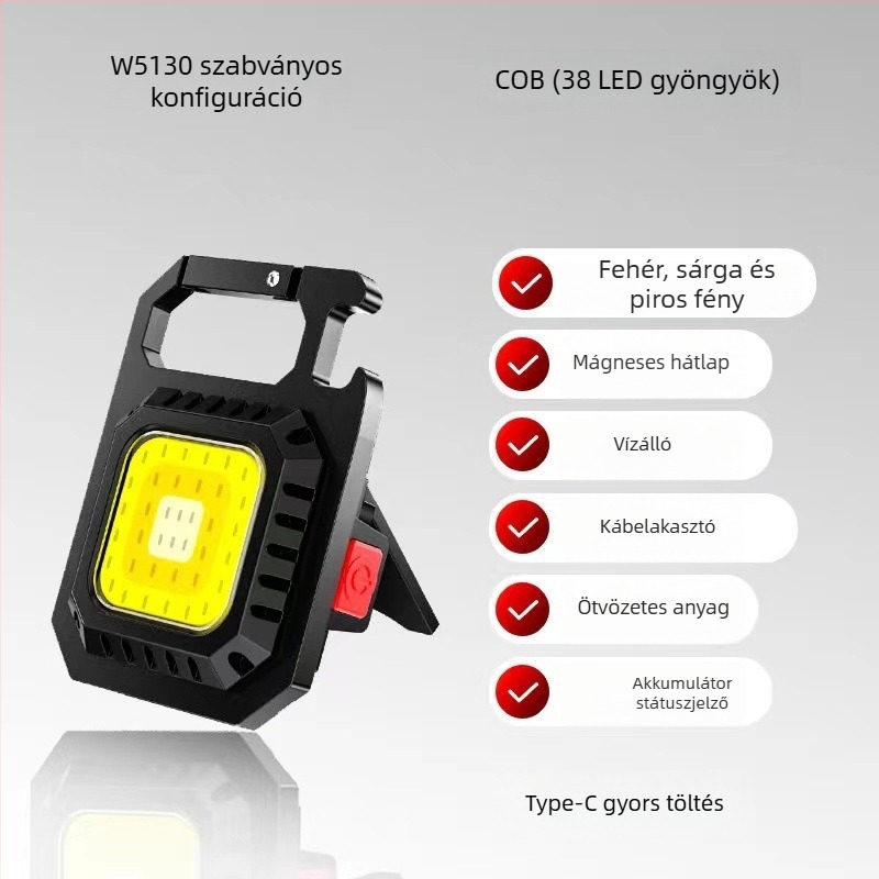 Kulcstartó COB zseblámpa USB töltéssel, 10W COB fényforrás, multifunkcionális munka lámpa