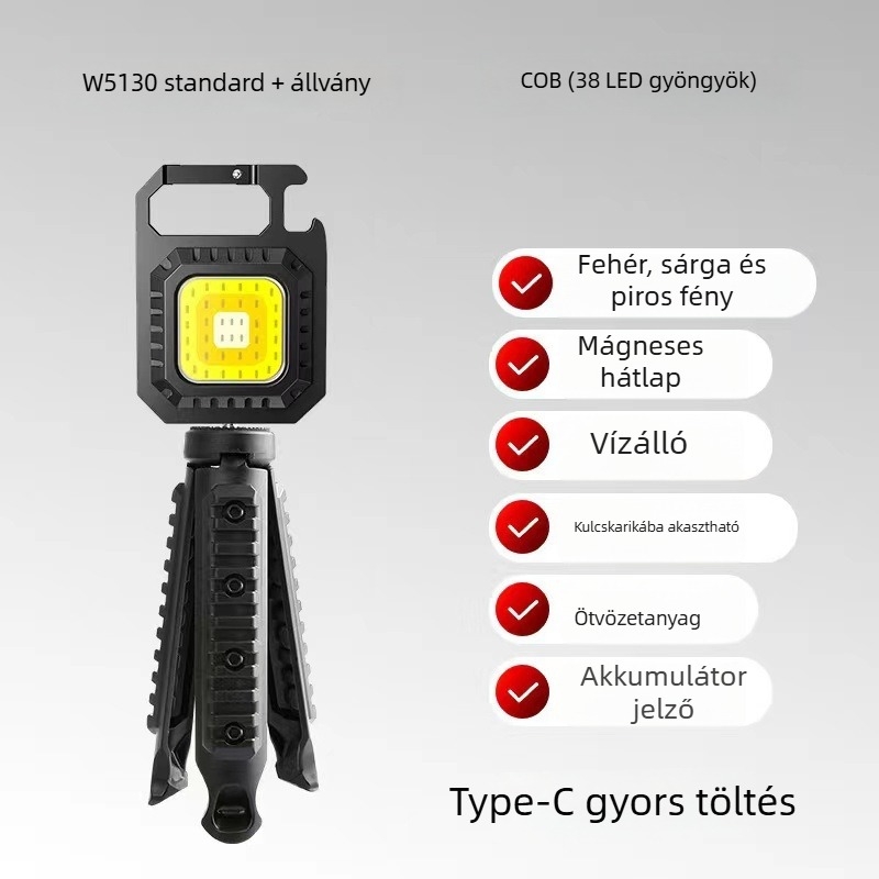 Kulcstartó COB zseblámpa USB töltéssel, 10W COB fényforrás, multifunkcionális munka lámpa