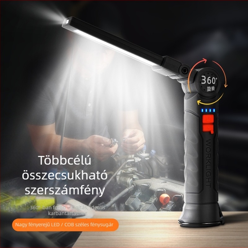 Többfunkciós összecsukható munkalámpa 360°-os forgással, SMD LED-del, háttéri mágneses rögzítés, állítható fényerő