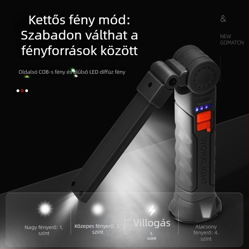 Többfunkciós összecsukható munkalámpa 360°-os forgással, SMD LED-del, háttéri mágneses rögzítés, állítható fényerő