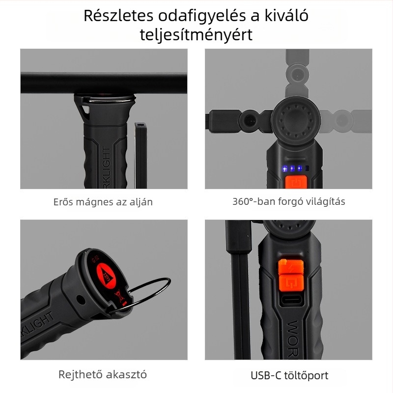 Többfunkciós összecsukható munkalámpa 360°-os forgással, SMD LED-del, háttéri mágneses rögzítés, állítható fényerő
