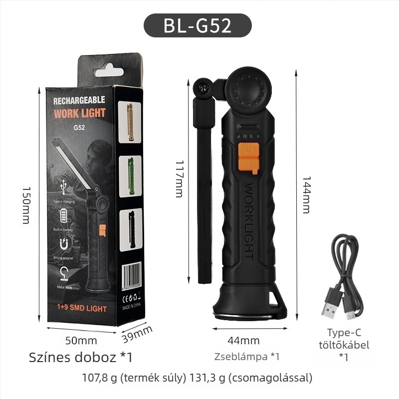 Többfunkciós összecsukható munkalámpa 360°-os forgással, SMD LED-del, háttéri mágneses rögzítés, állítható fényerő