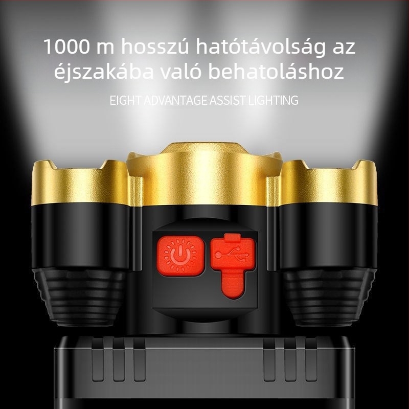 5-LED fejlámpa kültéri használatra, hosszú hatótávolságú fény, USB töltés, 10W LED, 800mAh akkumulátor