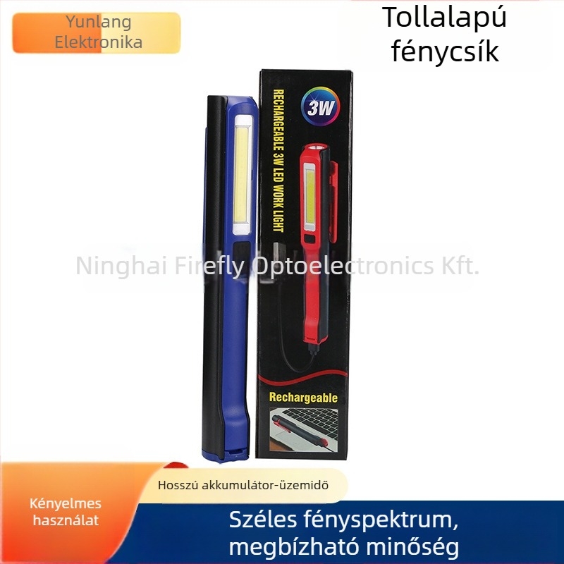 Toll alakú LED munka lámpa USB töltéssel, ABS test, 3W, 1800 mAh akkumulátor, klip és mágneses javítás funkció, 500 m-ig terjedő sugárzás