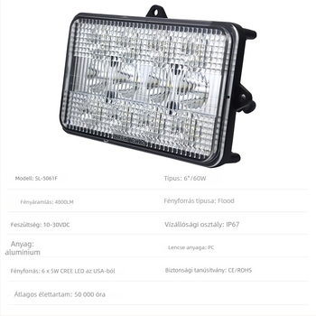 LED mezőgazdasági munkalámpa alumínium ötvözetettel, modell SL-5061F, fényáram 4800 lm, 10-30 VDC, John Deere Combine 9400–9510 és 95-hoz