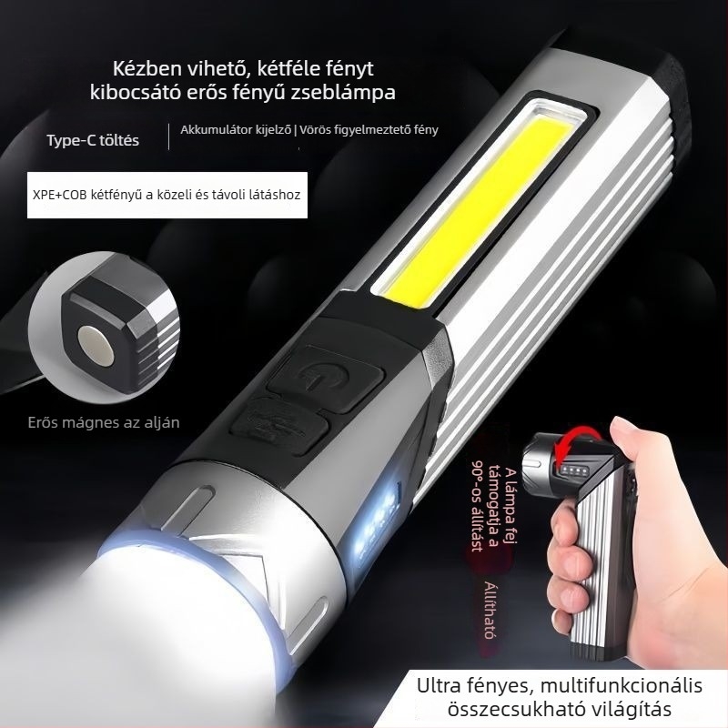 Többfunkciós LED zseblámpa 360°-ban forgó fejjel, mágneses vizsgálati fény, hordozható kézi munkalámpa USB töltéssel, 10 W, 1200 mAh