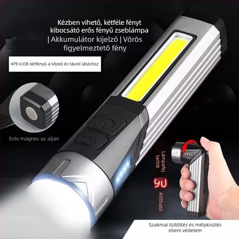 Többfunkciós LED zseblámpa 360°-ban forgó fejjel, mágneses vizsgálati fény, hordozható kézi munkalámpa USB töltéssel, 10 W, 1200 mAh