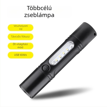 LED oldalsó fényű zseblámpa — 10W, esőálló, mini munkafény, 600 mAh akkumulátor, ütésálló, síp, többfunkciós