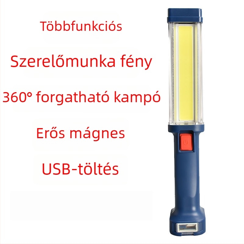 LED munka lámpa erős mágnessel, 10W, 4000mAh újratölthető, hordozható COB zseblámpa javításokra