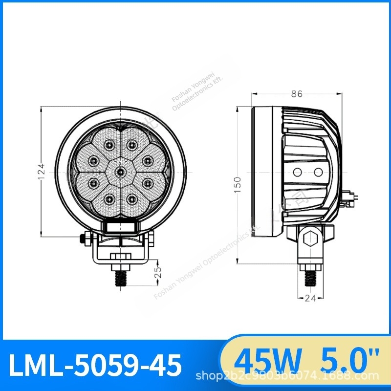 LED munkalámpa gépekhez, 45W, 9–30V, alumíniumötvözet ház, 6000K, 30 000 óra élettartam