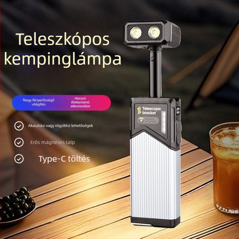 LED camping zseblámpa tollklipsz és mágneses tartóval — 10W, 1200mAh, kézi hajtású töltés, fénysugár hatótávolsága 200–500 m