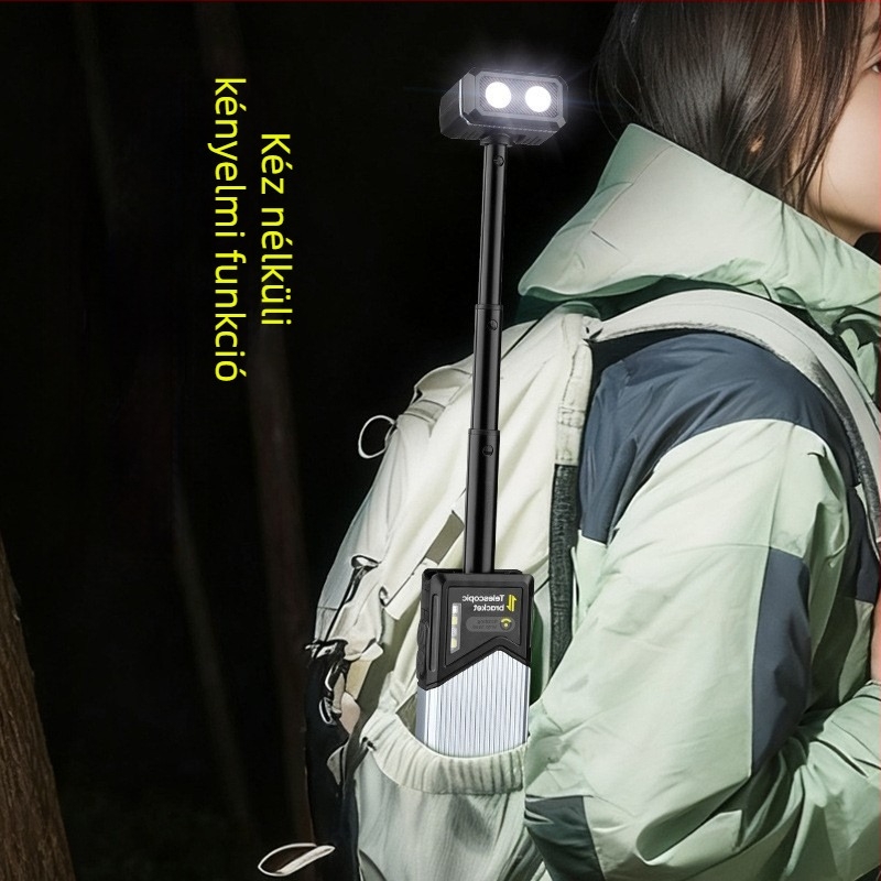 LED camping zseblámpa tollklipsz és mágneses tartóval — 10W, 1200mAh, kézi hajtású töltés, fénysugár hatótávolsága 200–500 m
