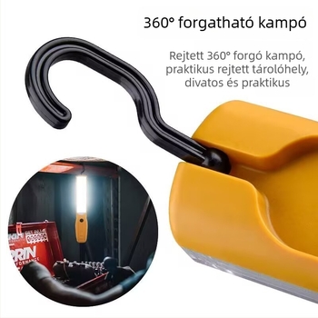 Mágneses munkalámpa kampóval – Újratölthető 10W SMD+COB LED, 1200mAh akkumulátor, kültéri vészvilágítás