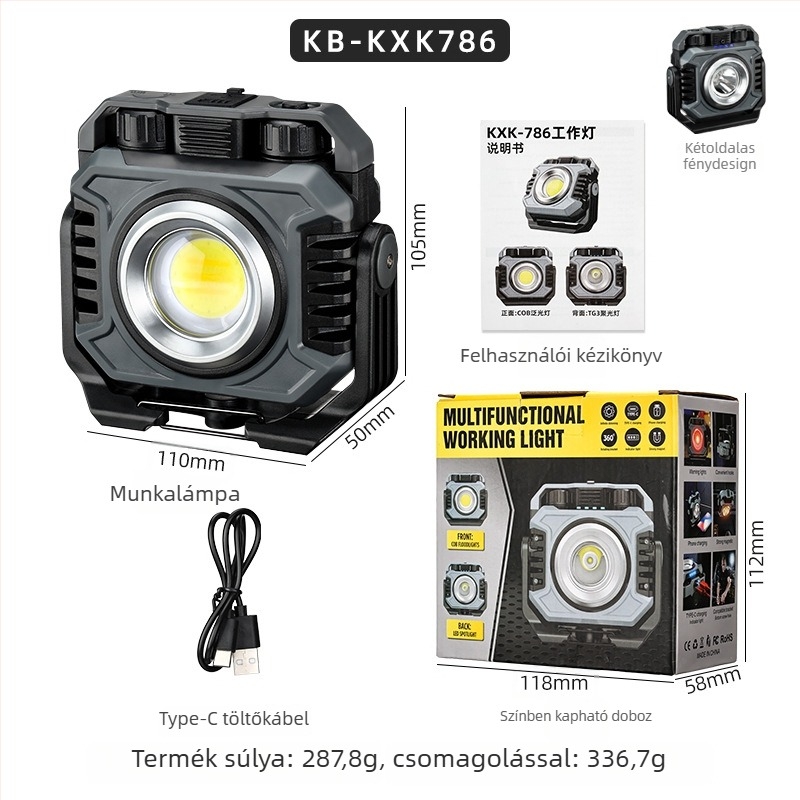 LED munkalámpa 10W, 5000mAh akkumulátor, USB töltés, hordozható mágneses alap, kempinghez és fotózáshoz