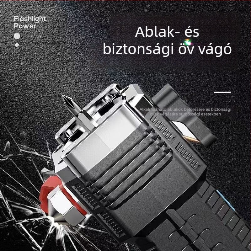 Autós vészhelyzeti kalapács LED zseblámpa mágneses oldalsó fénnyel, kézi tekerővel feltöltve, 1200 mAh, 5 W, 100–200 m távolság