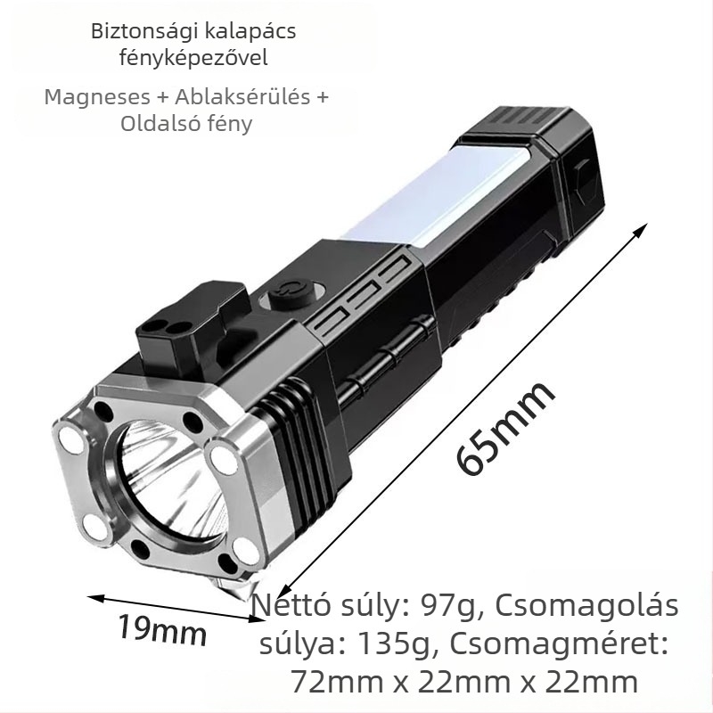 Autós vészhelyzeti kalapács LED zseblámpa mágneses oldalsó fénnyel, kézi tekerővel feltöltve, 1200 mAh, 5 W, 100–200 m távolság