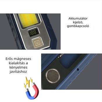 COB LED Kültéri Munkalámpa Autó Javításhoz mágneses tartóval és digitális kijelzővel, újratölthető Type-C, 10W, 300 lm, IP55, 180° fénysugár