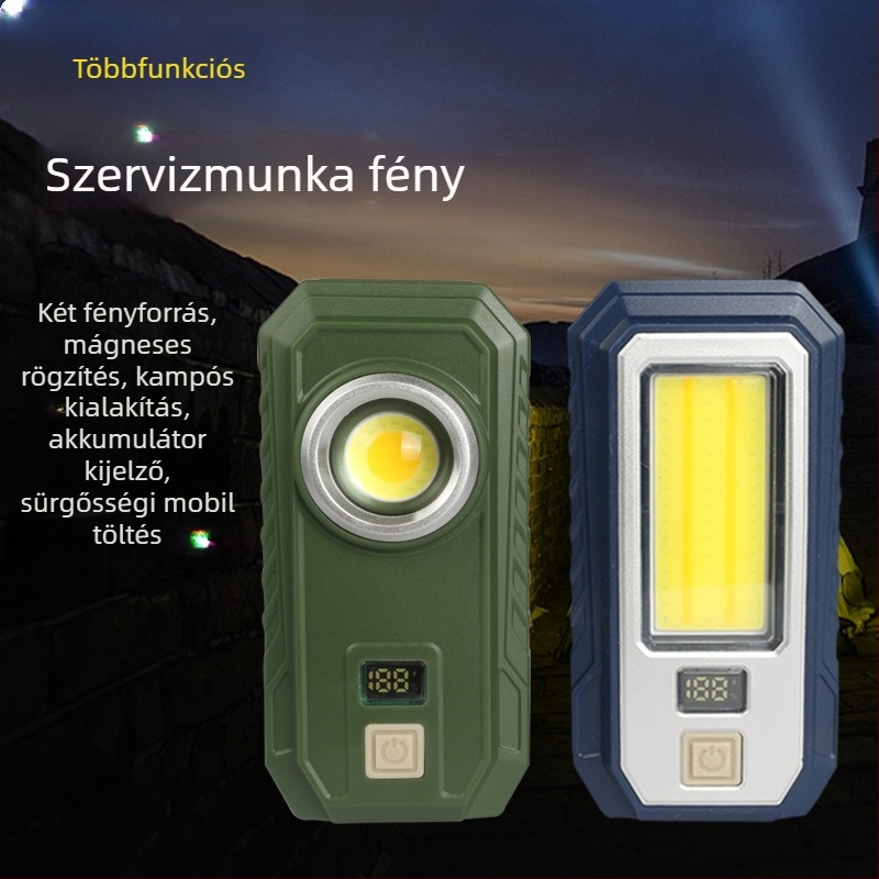 COB LED Kültéri Munkalámpa Autó Javításhoz mágneses tartóval és digitális kijelzővel, újratölthető Type-C, 10W, 300 lm, IP55, 180° fénysugár