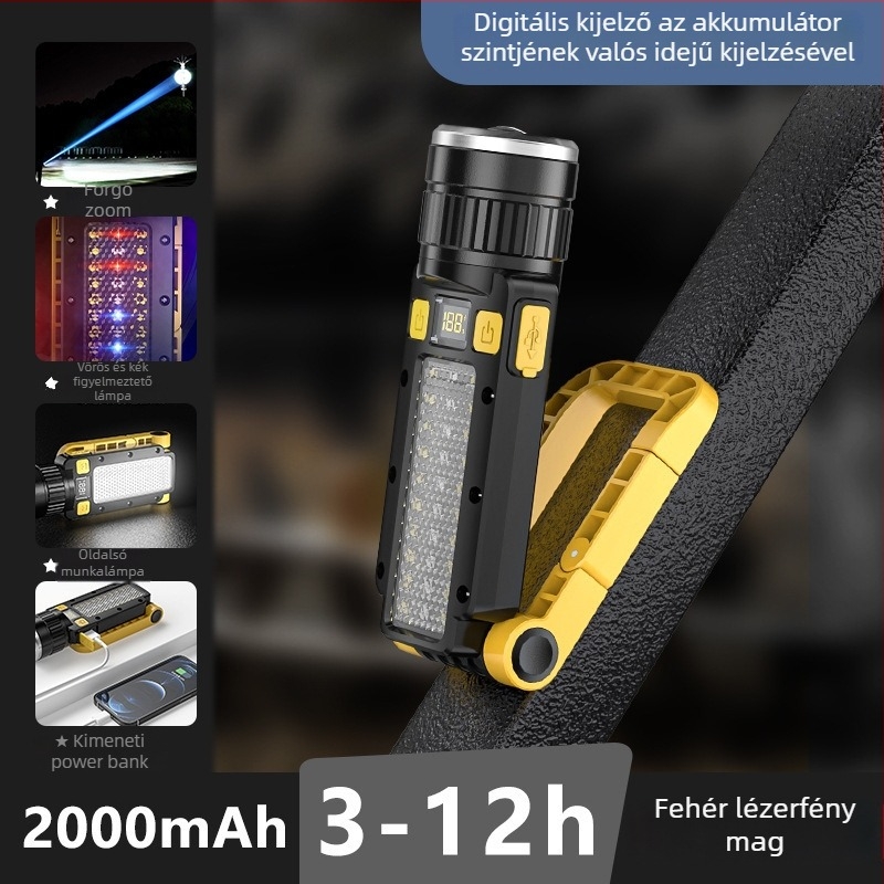 LED összecsukható munkalámpa USB-töltéssel, mágneses vizsgálólámpa, optikai zoom, 10W, 1800mAh, fénysugár 100-200 m, többfunkciós zseblámpa