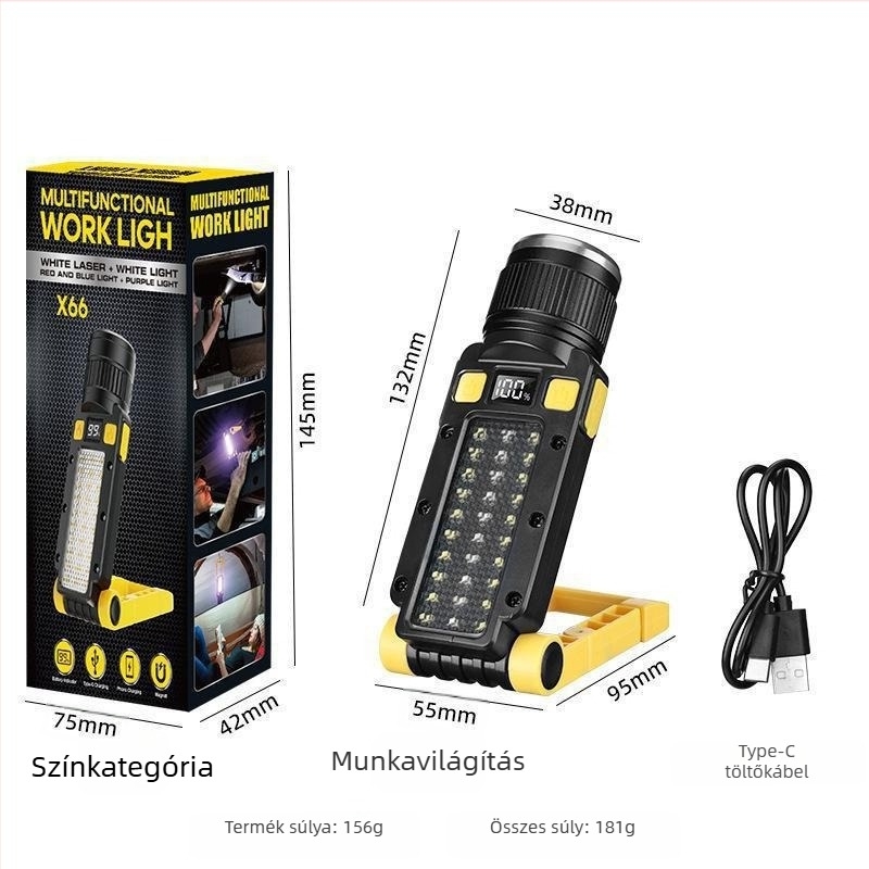 LED összecsukható munkalámpa USB-töltéssel, mágneses vizsgálólámpa, optikai zoom, 10W, 1800mAh, fénysugár 100-200 m, többfunkciós zseblámpa