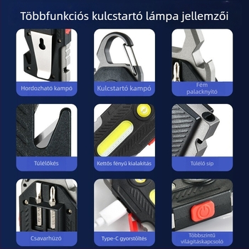 Többcélú újratölthető vészvilágítás kulcstartóval, COB LED, nagy fényerejű munkalámpa kültéri kempingezéshez