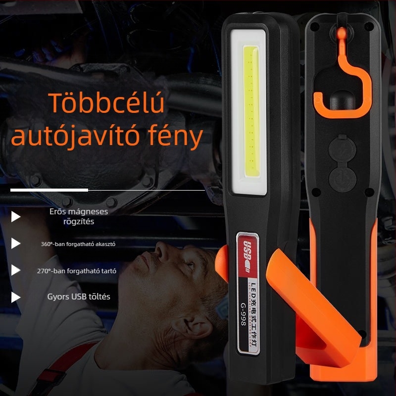 LED munka lámpa mágneses alap, COB+LED világítás, 360° forgás, 5W, 18650-es akkumulátor – újratölthető