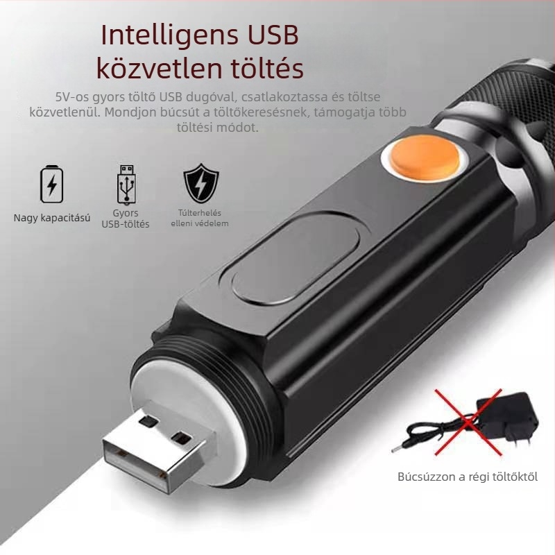 Újratölthető LED zseblámpa, 10W, alumíniumötvözet test, 1200mAh, USB töltés, zoomos fény, 360°-os forgó fej