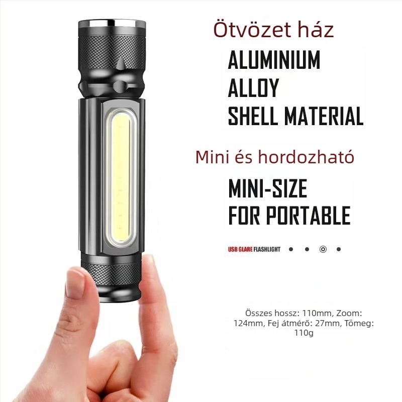 Újratölthető LED zseblámpa, 10W, alumíniumötvözet test, 1200mAh, USB töltés, zoomos fény, 360°-os forgó fej