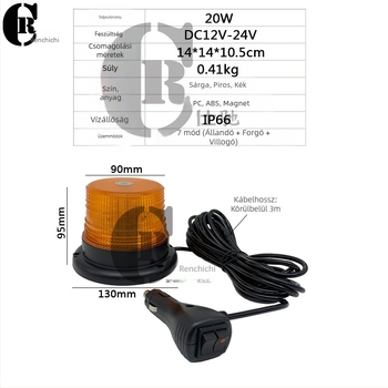 40 LED-es figyelmeztető fény mágneses felső szereléssel, stroboszkóp beacon általános járművekhez, 12-24V, 20W, modell RC-008s-40