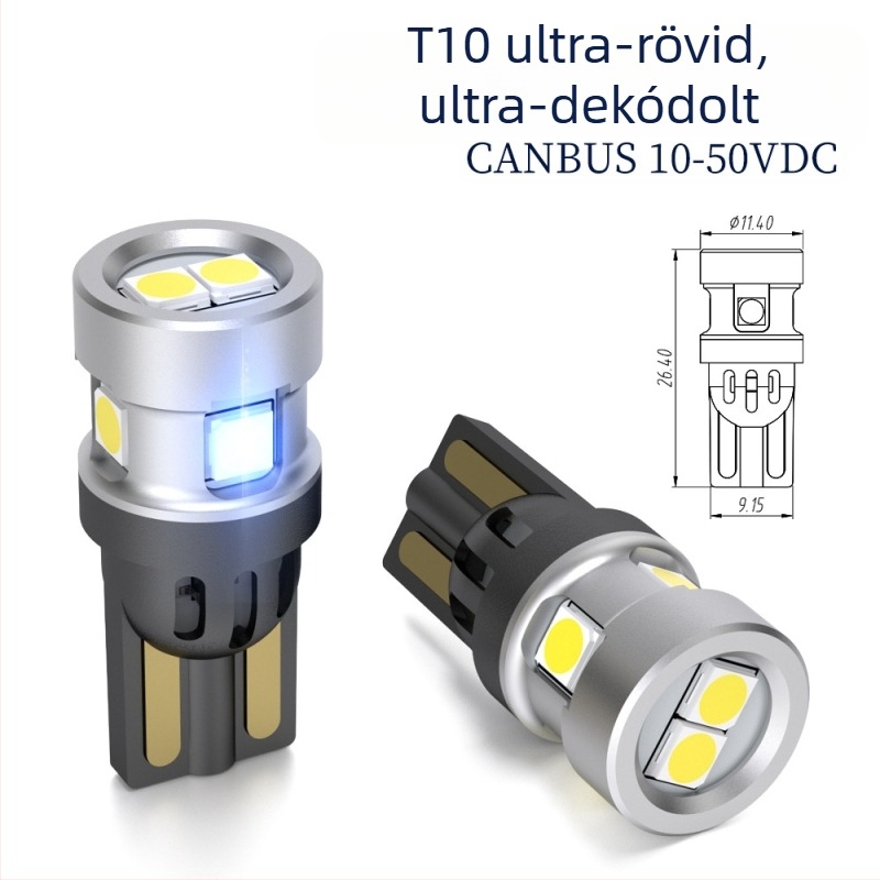 T10-6-3030 LED autó belső világítás, ultra rövid, nagy fényerő, 6000–6500K, 3W, 400 lm, DC 10–50V, alumínium ház
