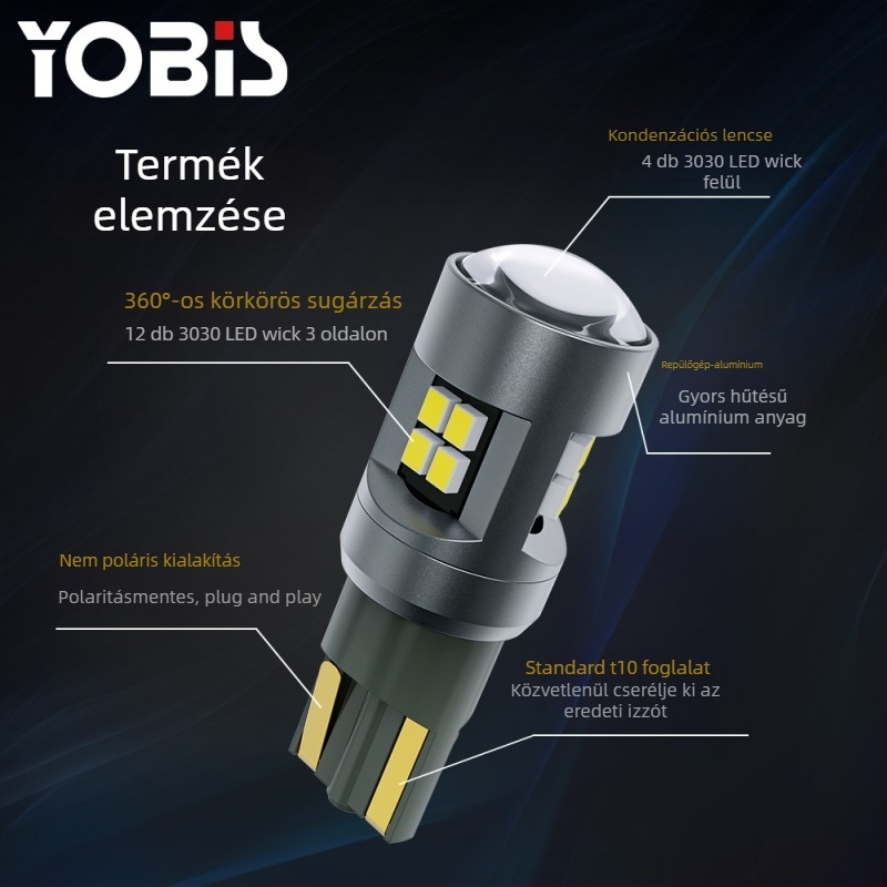 Youbisi T10 2016, 16SMD LED ajtóvilágítás és rendszámtábla lámpa lencsével, 12-80V, univerzális, dekódolás