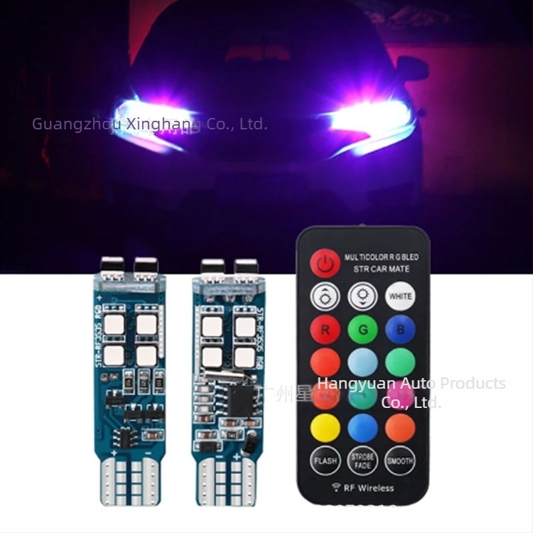 T10 RGB LED autó világítás RF távirányítóval, 360°-os vezérlés, 12V, 1.32W, 3528