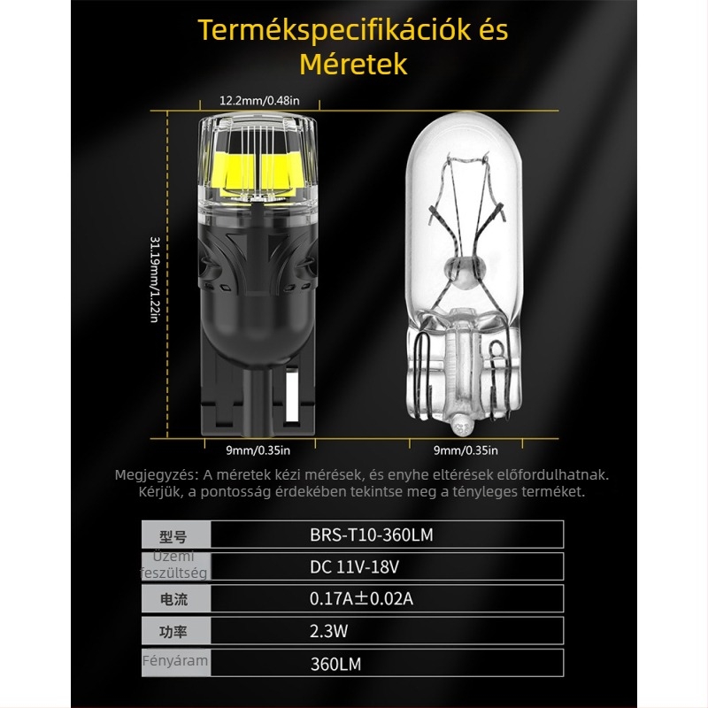 Autó LED lámpa T10 W5W — rendszám lámpa és szélességi jelzőfény, dugófejes izzó, 360 lm, 6500K, IP65