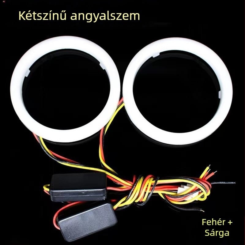Két színű Angel Eye LED autófények, fehér-sárga gyűrűvel, nappali menetfény és index