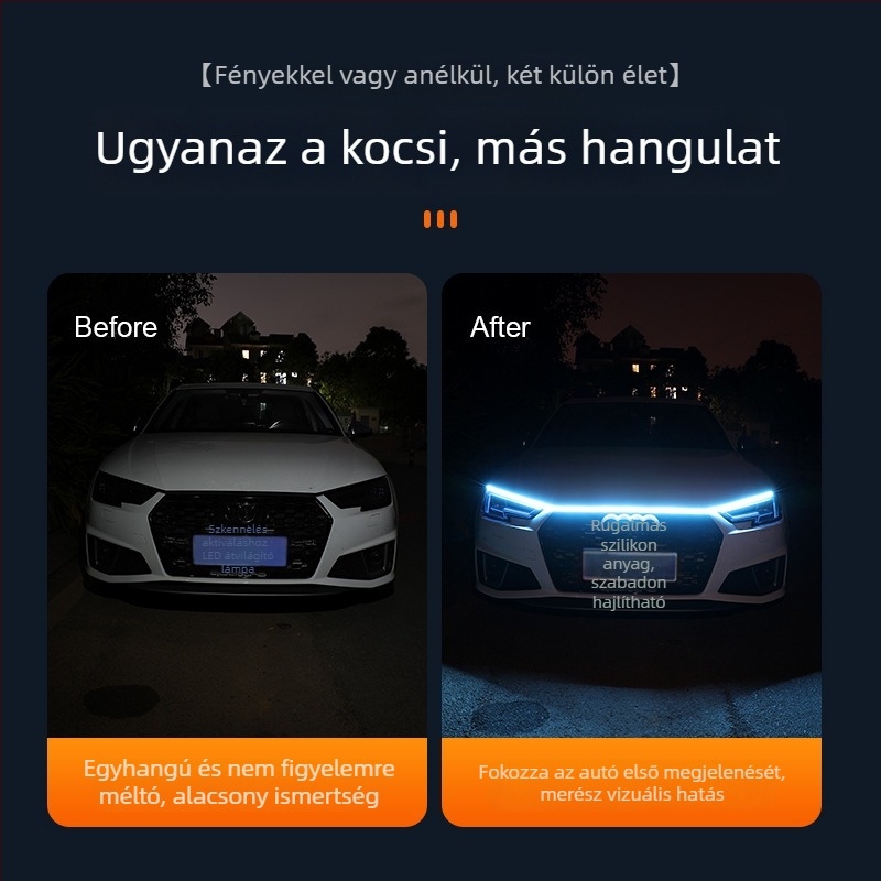 Autó nappali világítás – motorháztetőfedő vezető fénycsíkkal, szilikon, 12V, 1A, 0.2W, modell 2835