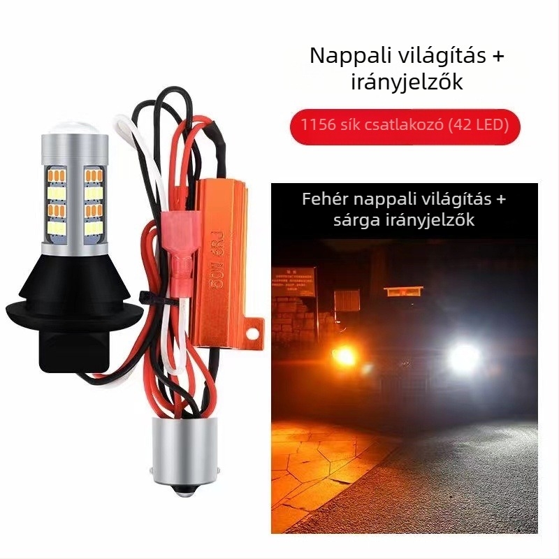 LED autó világítás két színű irányjelző és nappali fény, modell T20/1156, 2835 42SMD, alumínium ház, 12V, 20W