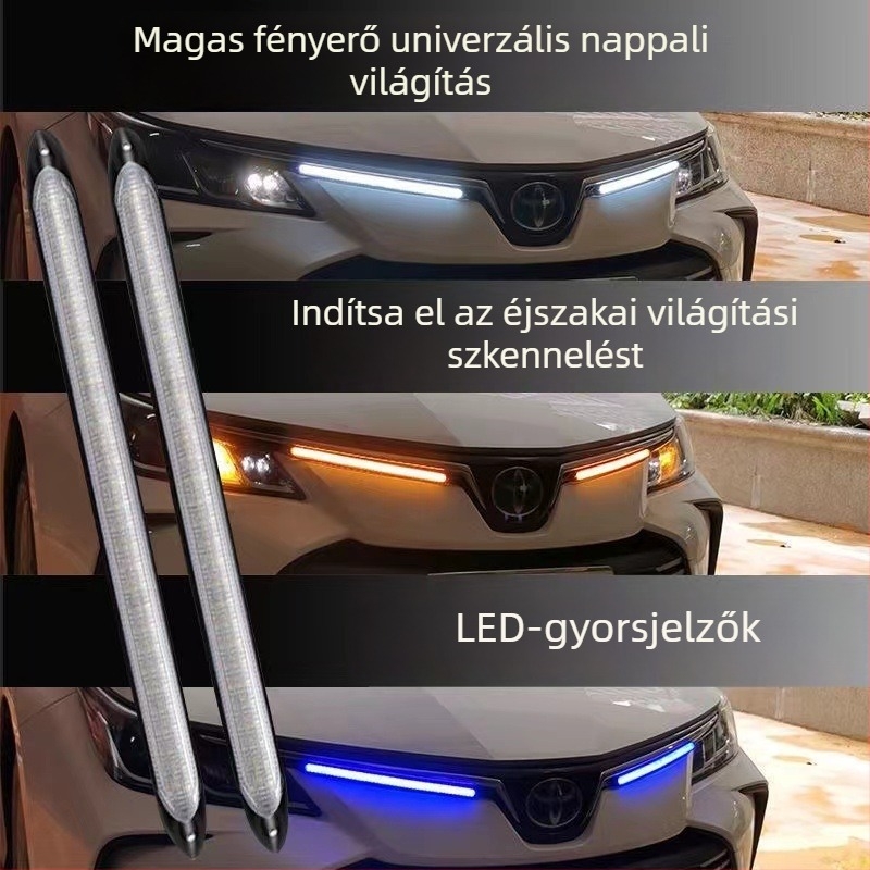 Autó napi LED világítás háromszínű áramló fény és irányjelzővel — B Series Soft Rubber Daylight, 12V, 12W, élettartam 50 000 óra