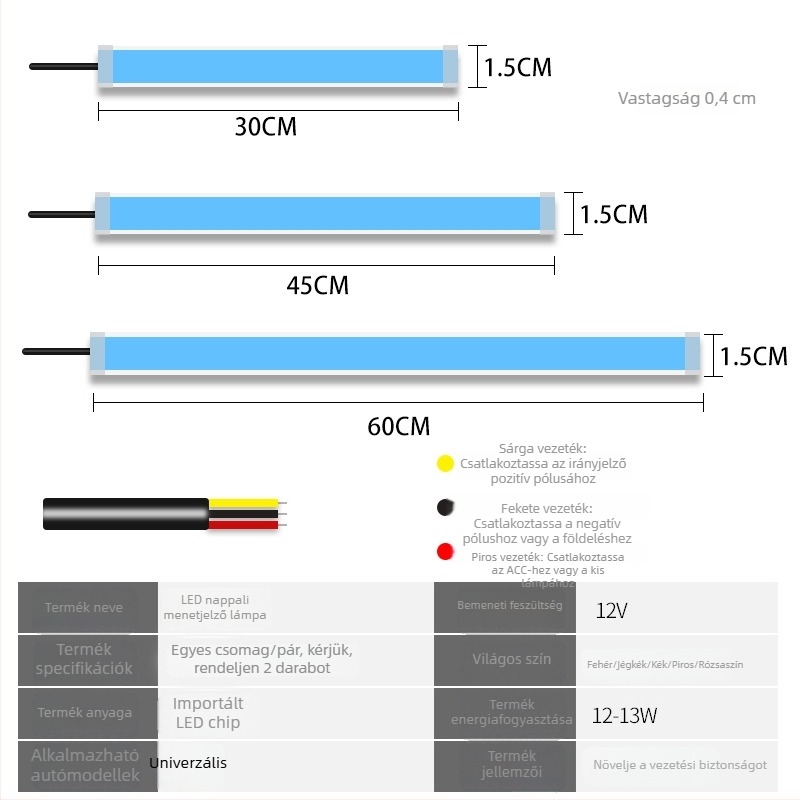 Autó LED nappali menetfény vezetőcsíkkal, 30/45/60 cm, fehér és sárga menetjelző áramló fény dekoratív világítás