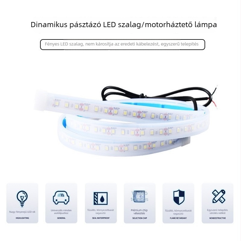 LED dekoratív fények az első grillhez átívelő kivitelben, a motorháztető és a grill közötti részen világító fénycsíkok, környezeti világítás