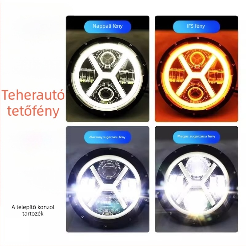 LED X-Type reflektor angyalszem DRL-lel, magas/alacsony sugárzású fény, duda világítás — 60W, 12–24V, IP67, 5000lm