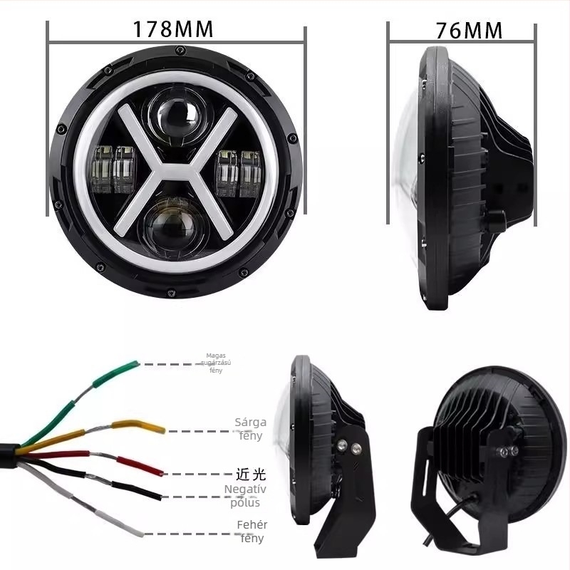 LED X-Type reflektor angyalszem DRL-lel, magas/alacsony sugárzású fény, duda világítás — 60W, 12–24V, IP67, 5000lm