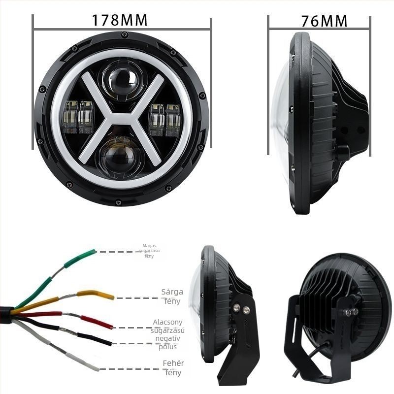 LED X-Type reflektor angyalszem DRL-lel, magas/alacsony sugárzású fény, duda világítás — 60W, 12–24V, IP67, 5000lm