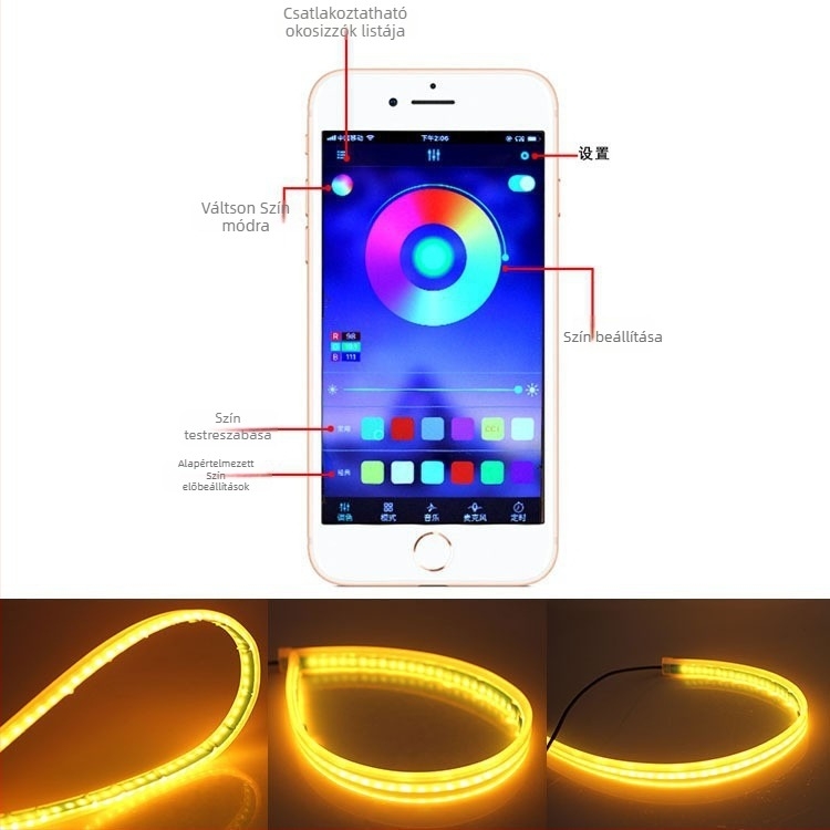 Ultra vékony LED-vezető szalag kettős színű DRL-hez, folyó fényhatás, 60 cm RGB, távirányító, dekoratív fény