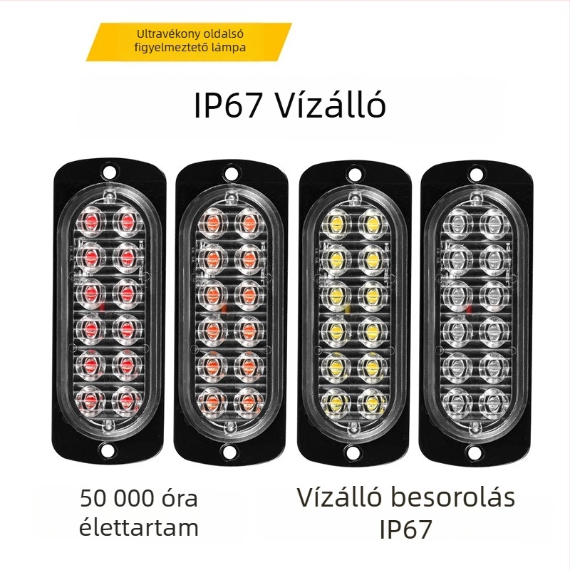 12-24V járműoldali figyelmeztető fény, 12 LED ultra vékony stroboszkóp fény, állandó világítás, teherautó oldalára