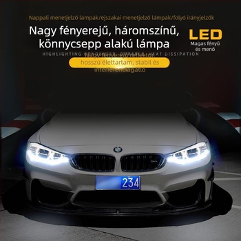 Autó LED napi világítás – kristálytiszta könnycsepp alakú, teleszkópos, kettő- és háromszínű vízáram effektussal és irányjelzővel (fehér, kék, sárga)